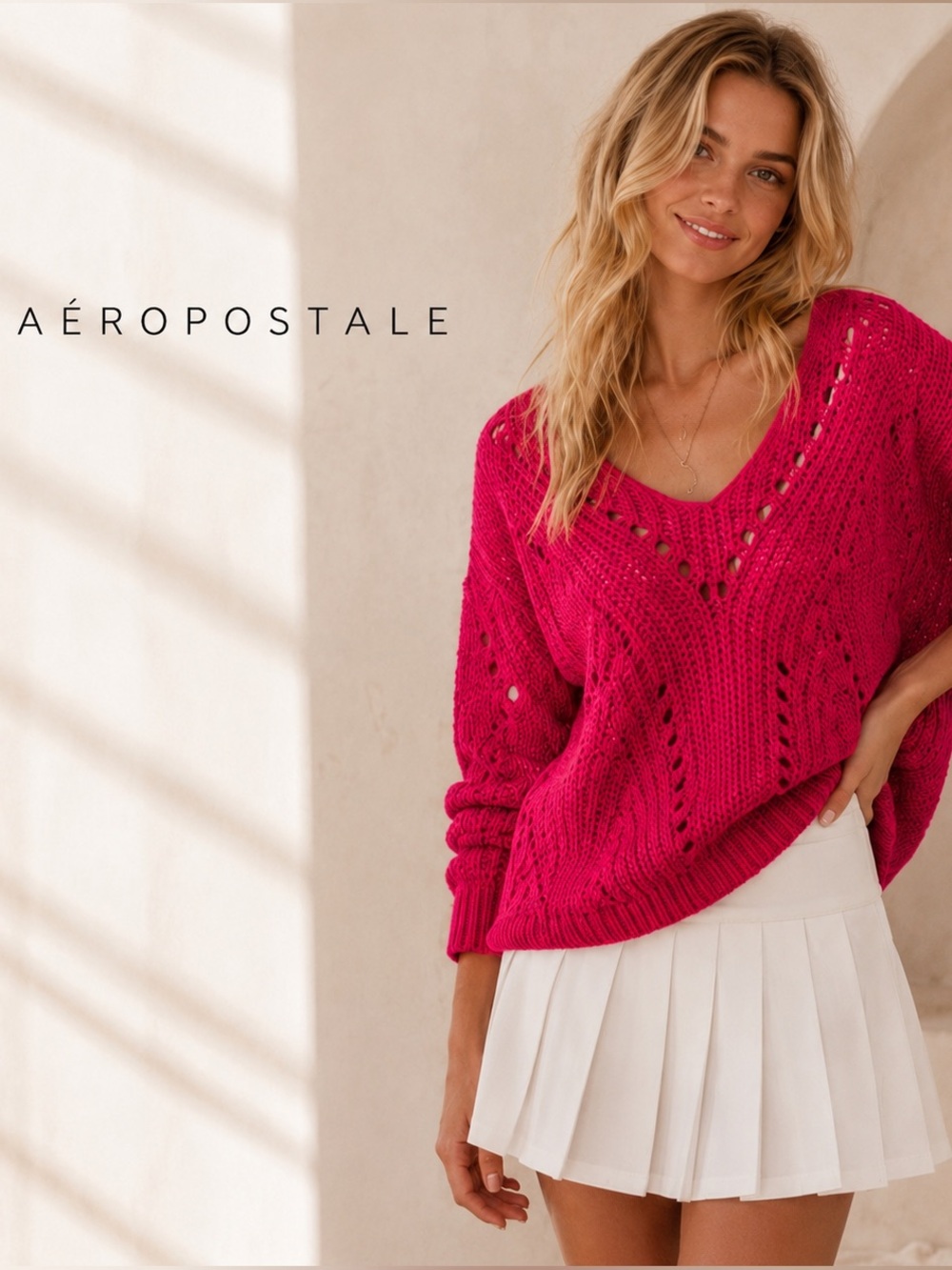 🌸Aeropostale Fuchsia V-Neck Knit Pullover Sweater size XS Preppy Y2K Coquette